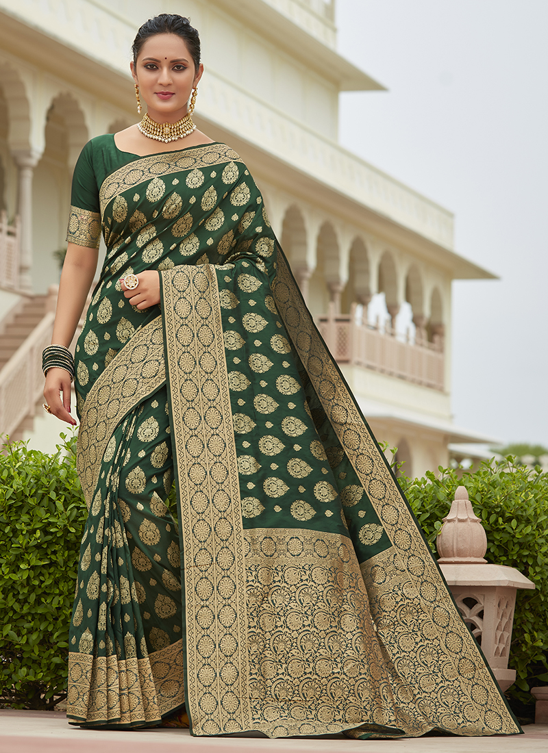 Banarasi Silk Fabric Dark Green Color Beautiful Look Saree