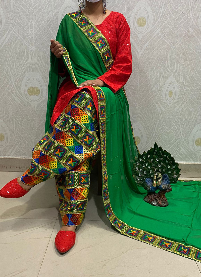Buy Red Cambric Cotton Festival Wear Chikankari Phulkari Suit Online From  Wholesale Salwar.