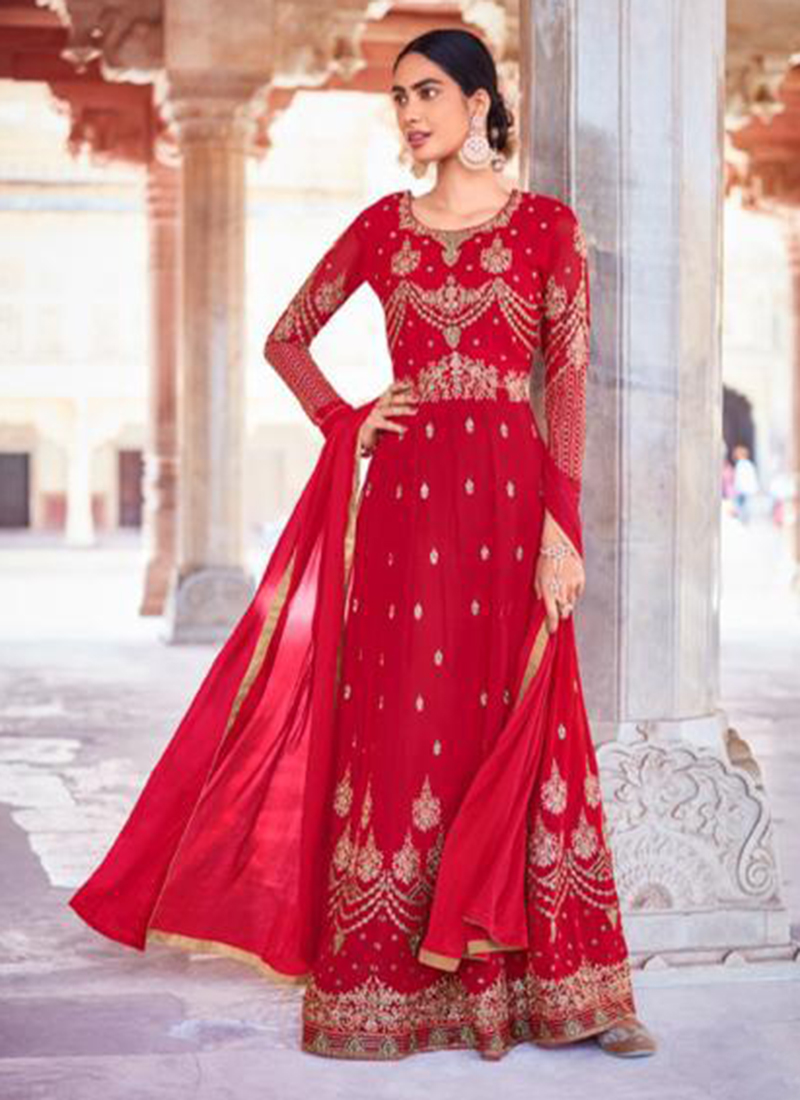 Buy Red Georgette Wedding Wear Embroidery Work Anarkali Suit