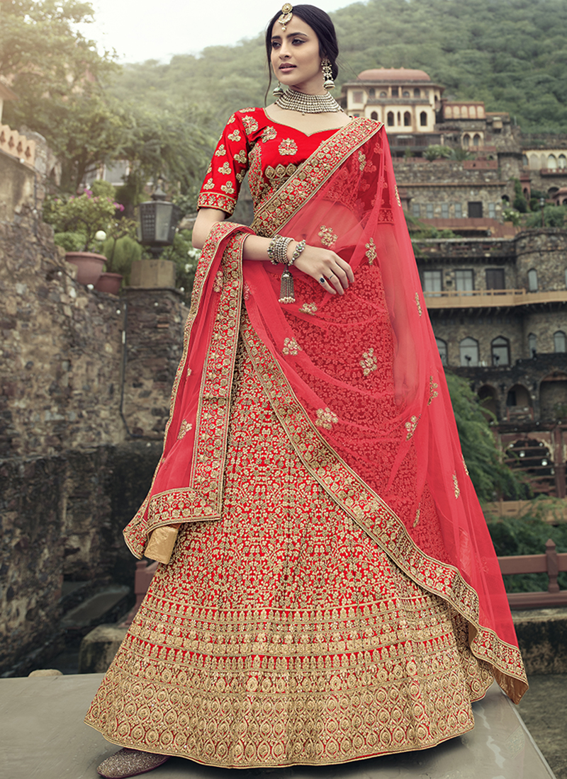 Lehenga Choli : Red georgette heavy embroidered partywear ...