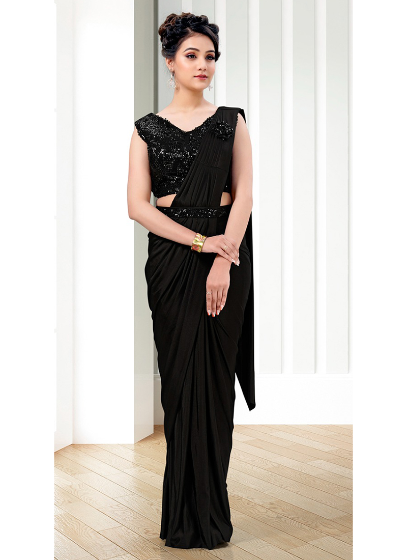 Black Lycra Party Wear Sequins Work Readymade Saree 1015566E