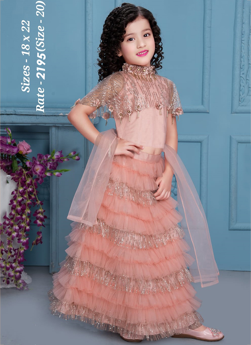 Peach Ruffle Design Readymade Net Kids Lehenga Choli (Set Of 3 Pcs ...