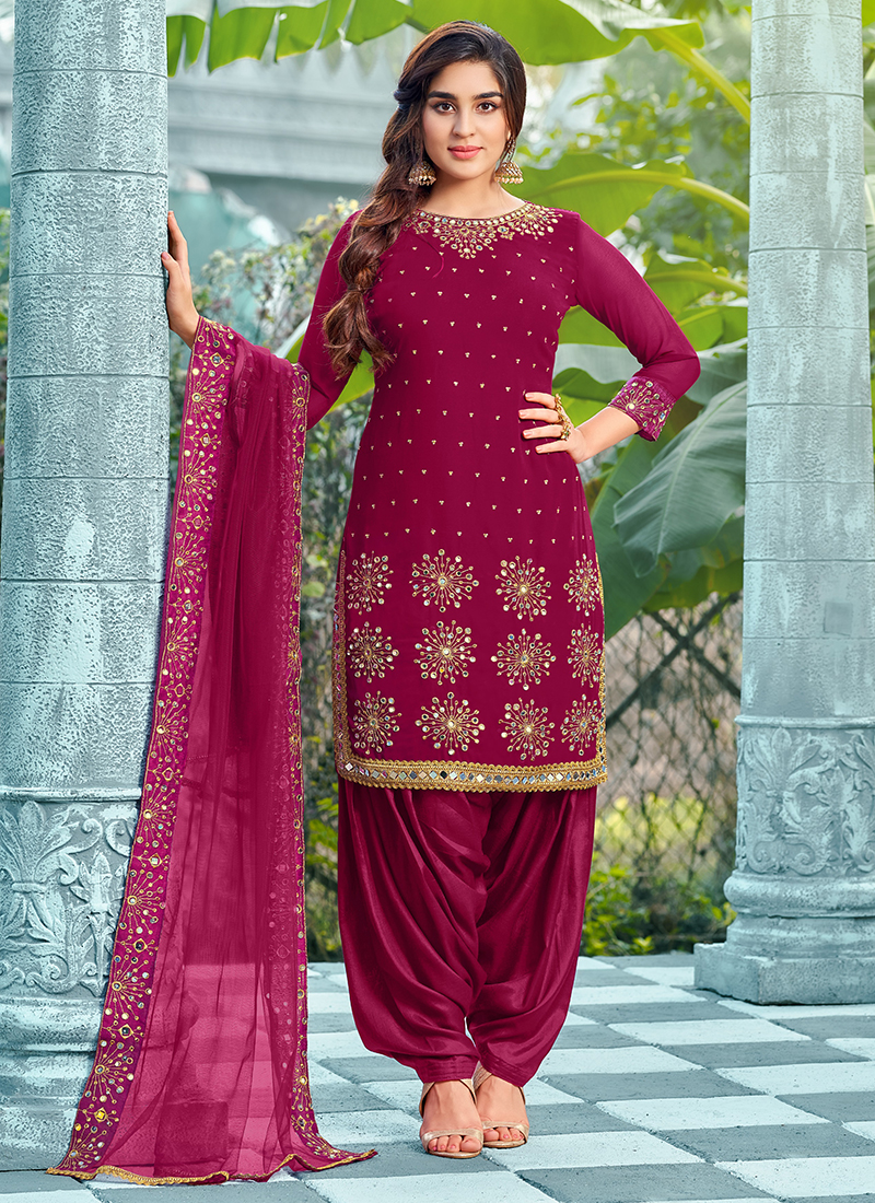 Buy Purple Faux Georgette Wedding Wear Mirror Work Patiyala Suit ...