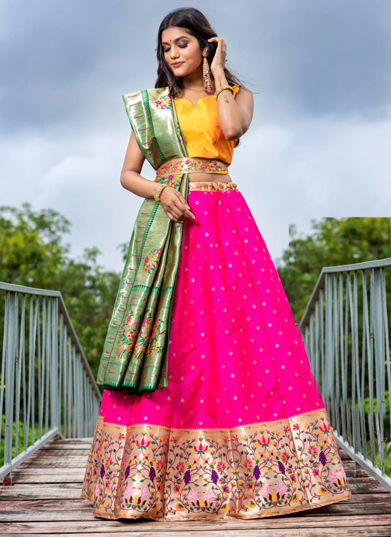 Shop Parrot Green N Rani Pink Banarasi Silk Zari Work Umbrella Lehenga Choli  Festive Wear Online at Best Price | Cbazaar