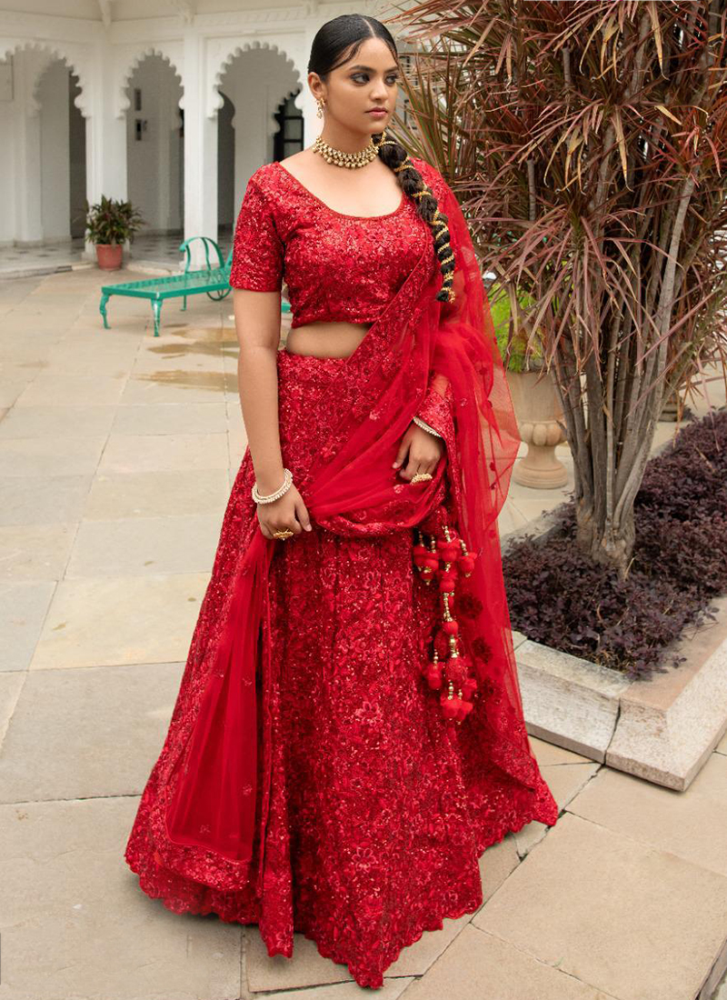 Buy Dark Red Velvet Embroidered Bridal Lehenga Online in UAE @Mohey - Mohey  for Women