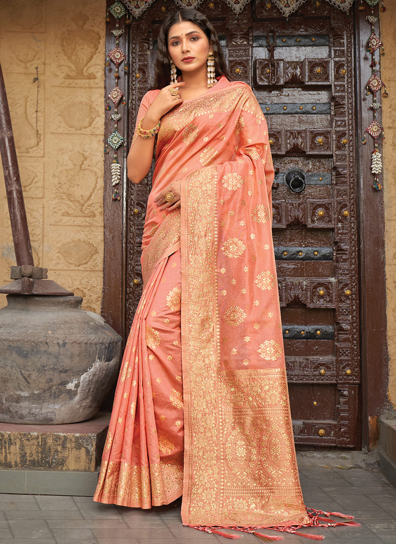 LIGHT PEACH ORGANZA SAREE | Saree, Latest sarees, Organza saree