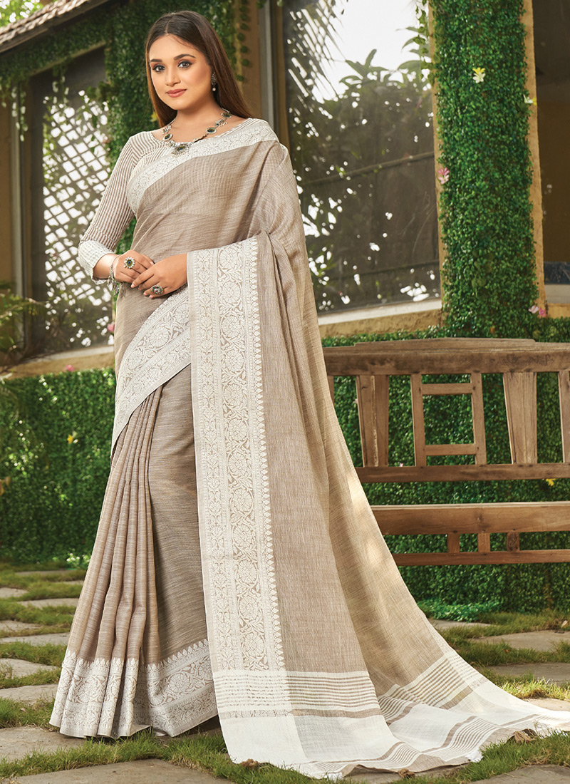 Buy online Pure Linen Designer saree with multicolor embroidery Grey-AF2092