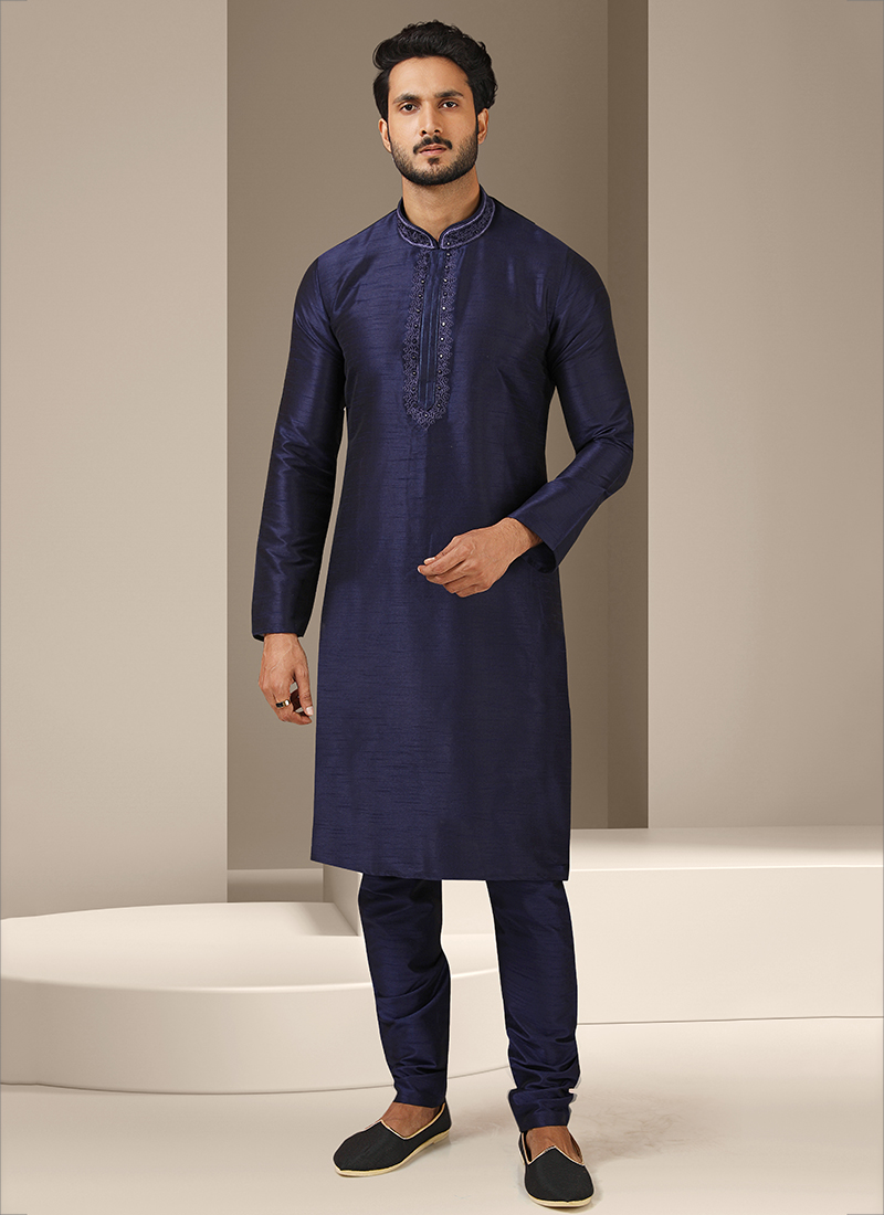 Navy Blue Banarasi Silk Zari Work Kurta with Palazzo & Dupatta Set