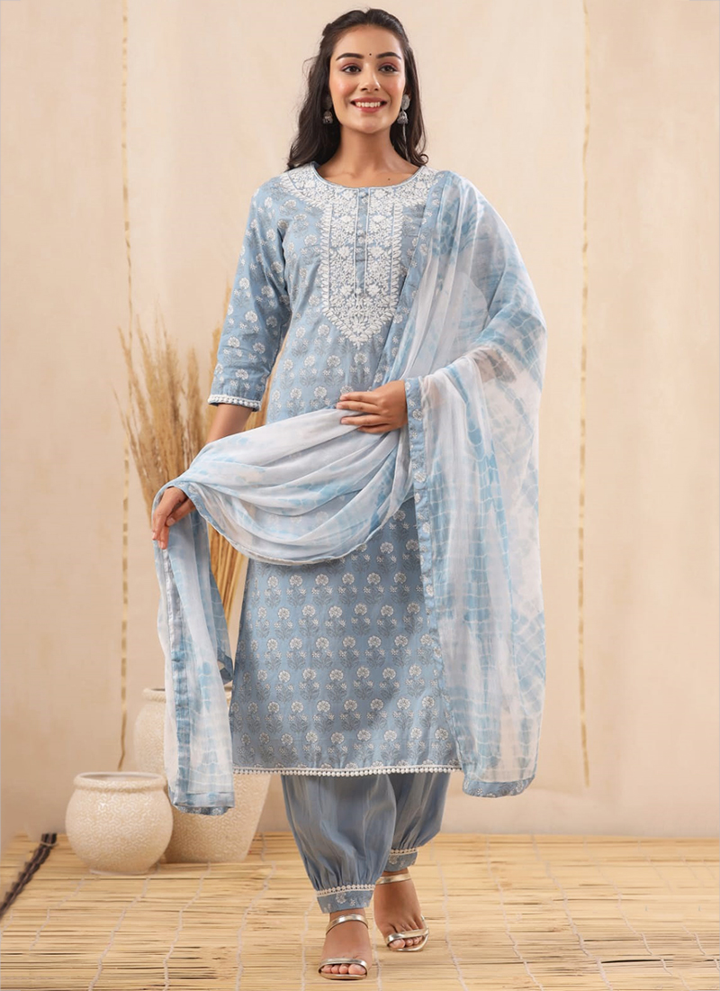 Blue Cottton Casual Wear Lucknowi Work Readymade Salwar Suit