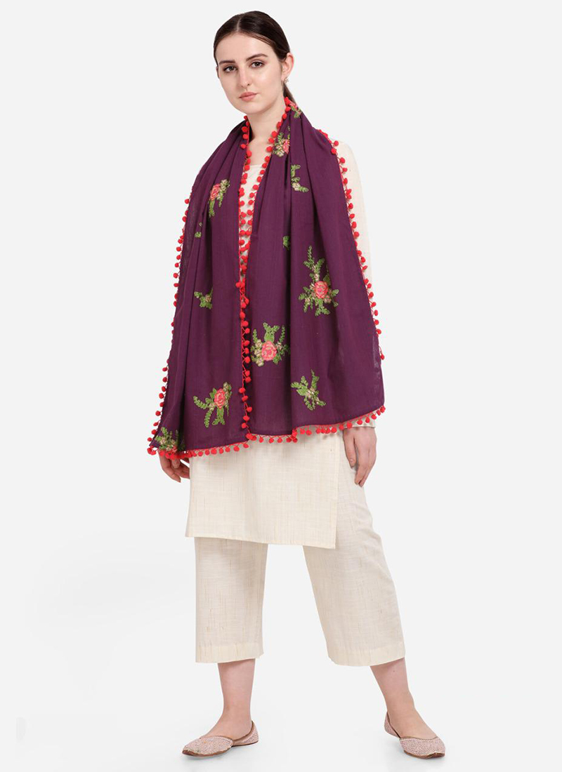 Buy Wine Khadi Casual Wear Embroidery Work Dupatta Online From - Main Image