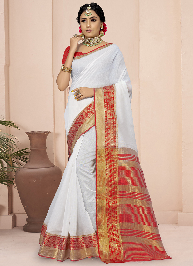 Buy Red White Cotton Festival Wear Weaving Stylish Saree Online ...