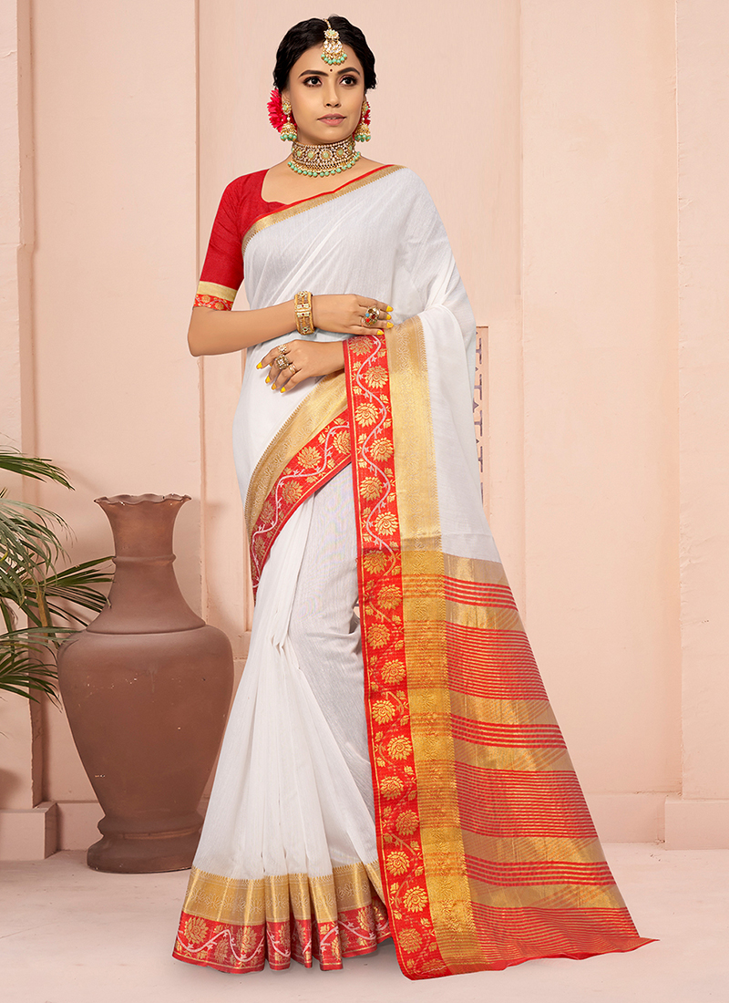 Buy Red White Cotton Festival Wear Weaving Trendy Saree Online From  Wholesale Salwar.