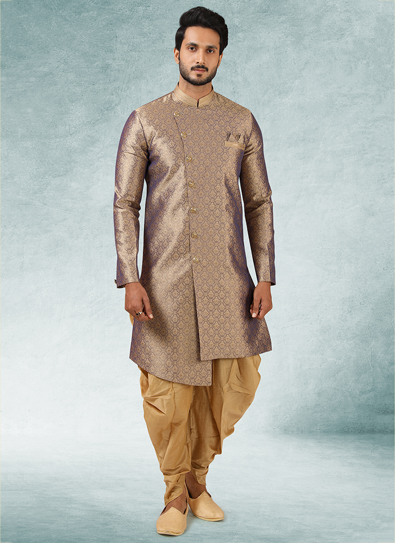 Silk Jacquard Peshawari Sherwani Gold Heavy Embroidery Sherwani