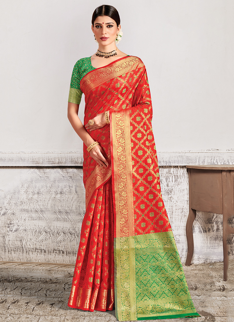 Red Heavy Georgette Foil Print Zari Work Saree With Blouse