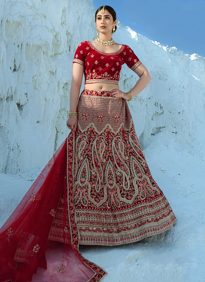 Bridal Lehenga Choli with Embroidered Velvet in Maroon - LC5985