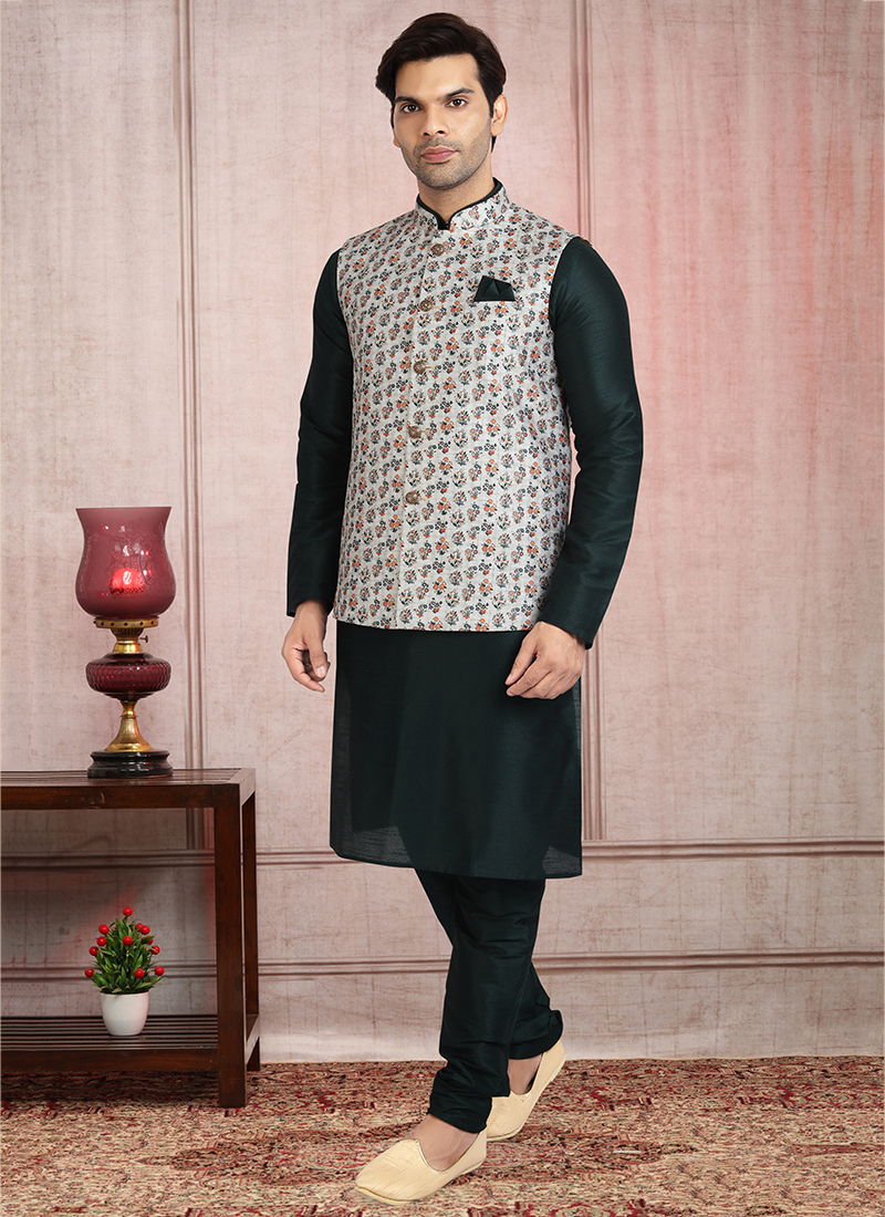 Cloudy Grey Silk Kurta Pajama with Jacket with Embroidery Work