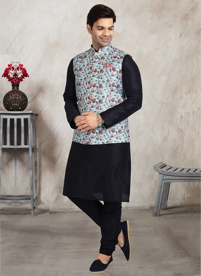 Kurta Payjama With Jacket Jute Silk Cream Teal Digital Print Kids – Kajols  - Indian & Pakistani Fashion & Tailoring