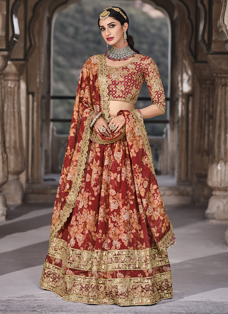 Red Twin Layered Ruffled Lehenga Style Saree Saree 2973SR03