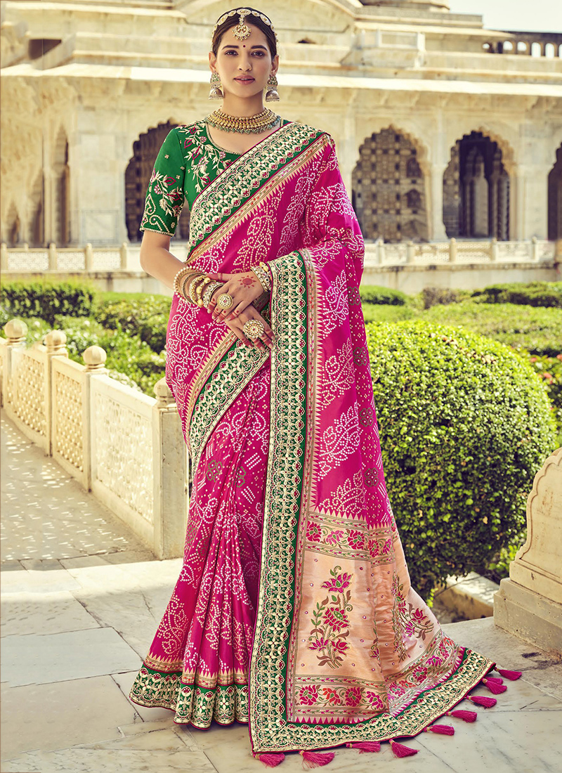 Bandhani Pure Silk Khatli Work Saree and Bandhani Pure Silk Khatli Work Sari  Online Shopping