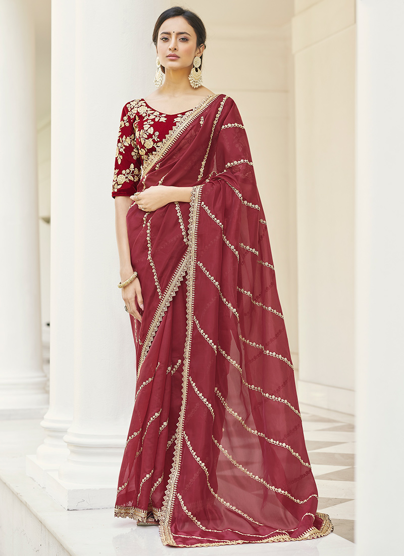 Light Maroon Velvet Saree - Buy authentic Sarees Online | Womaste