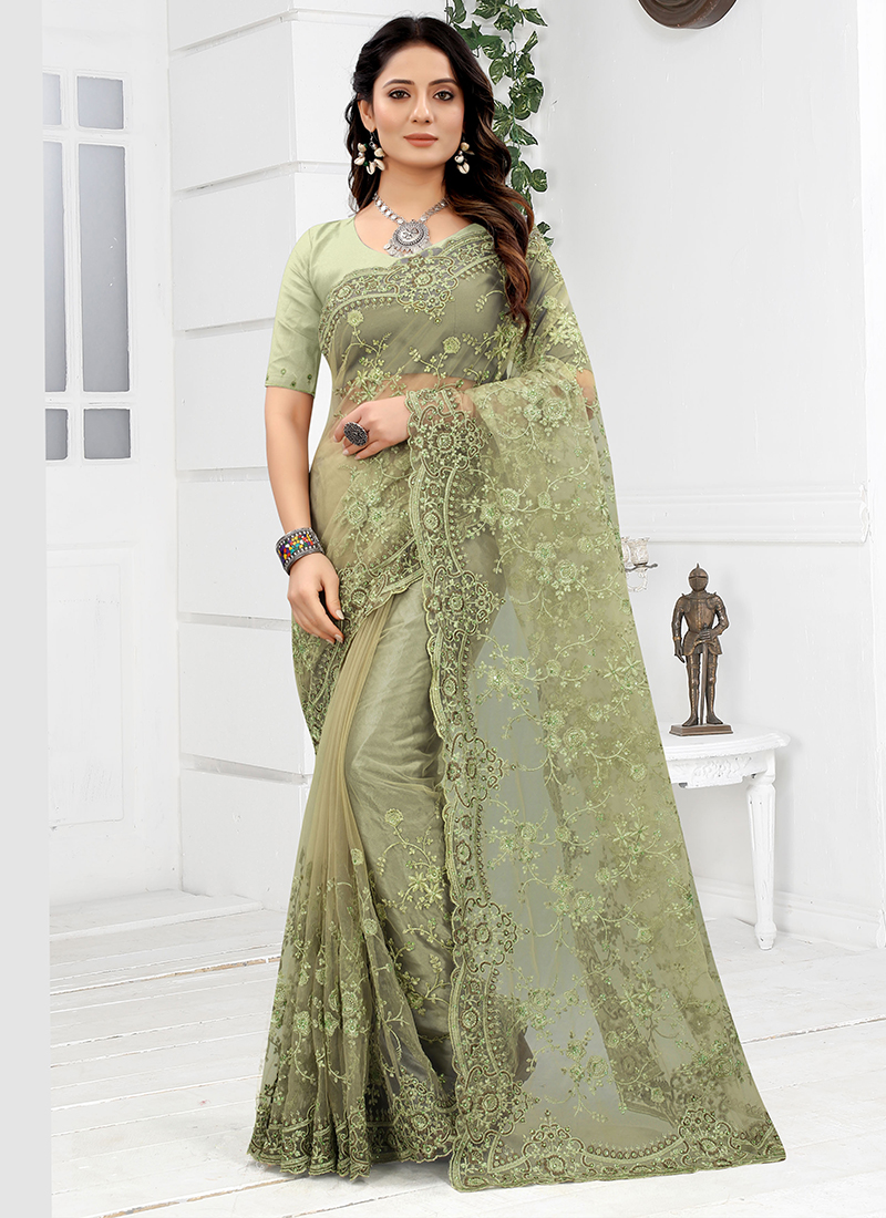 Pista green Net Wedding Wear Zari Work Saree