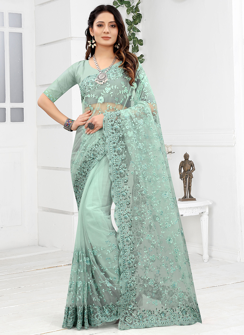 Buy Sky blue Net Wedding Wear Embroidery Work Saree Online From Wholesale Salwar