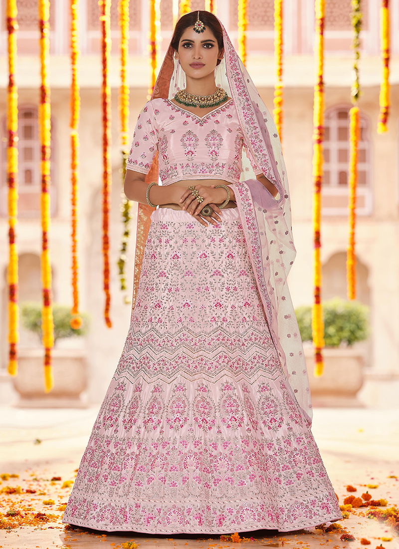 Buy Pink Crepe Bridal Wear Thread Work Lehenga Choli Online From
