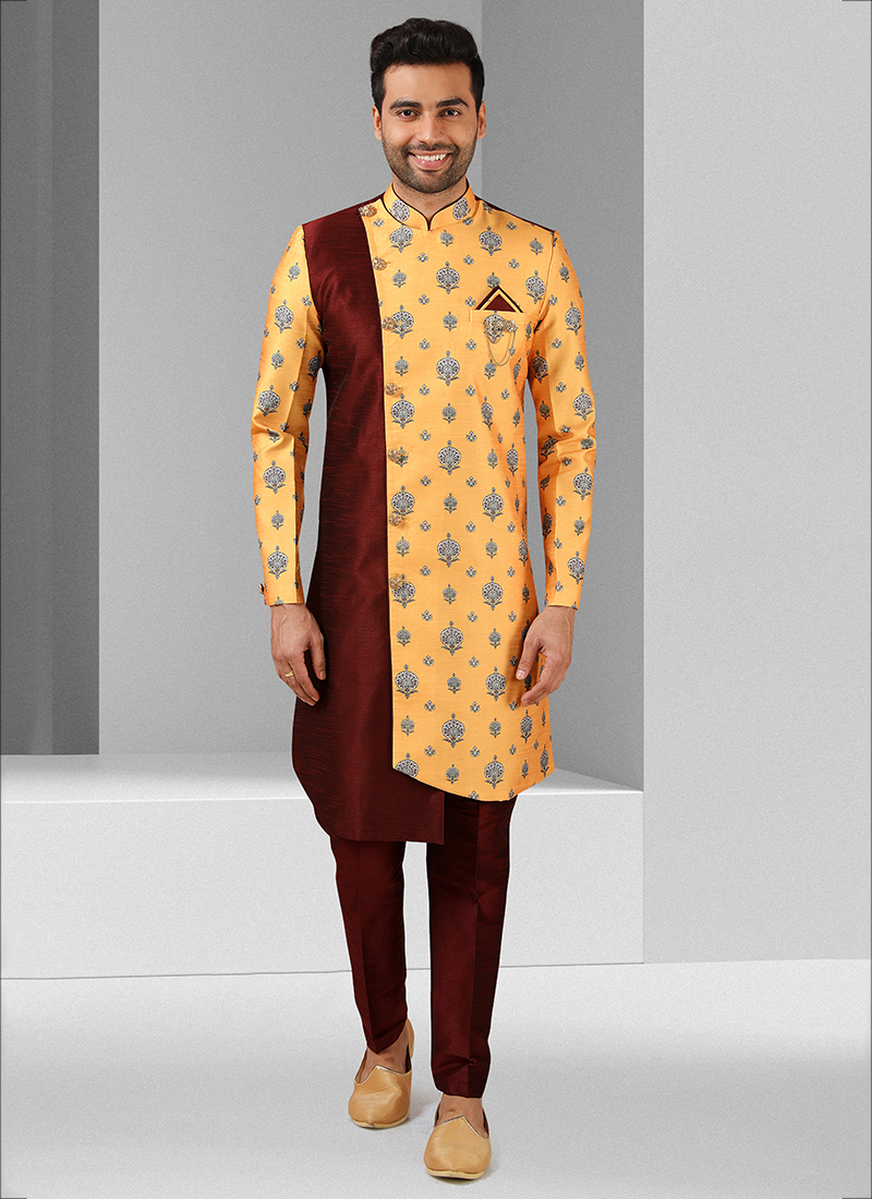 Buy Maoon yellow Art Silk Festival Wear Printed Work Indo