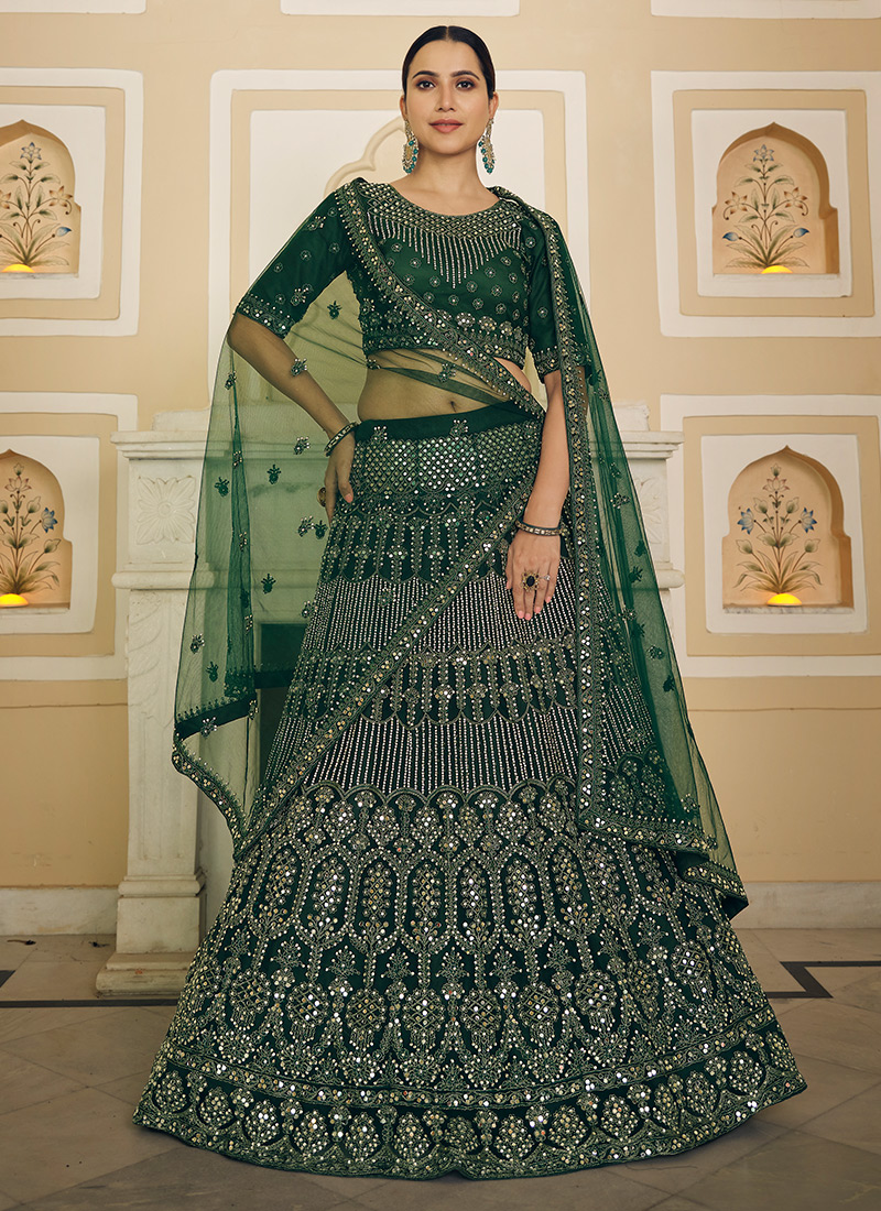 Dark Green Velvet Bridal Lehenga Choli - Lehengas Designer Collection