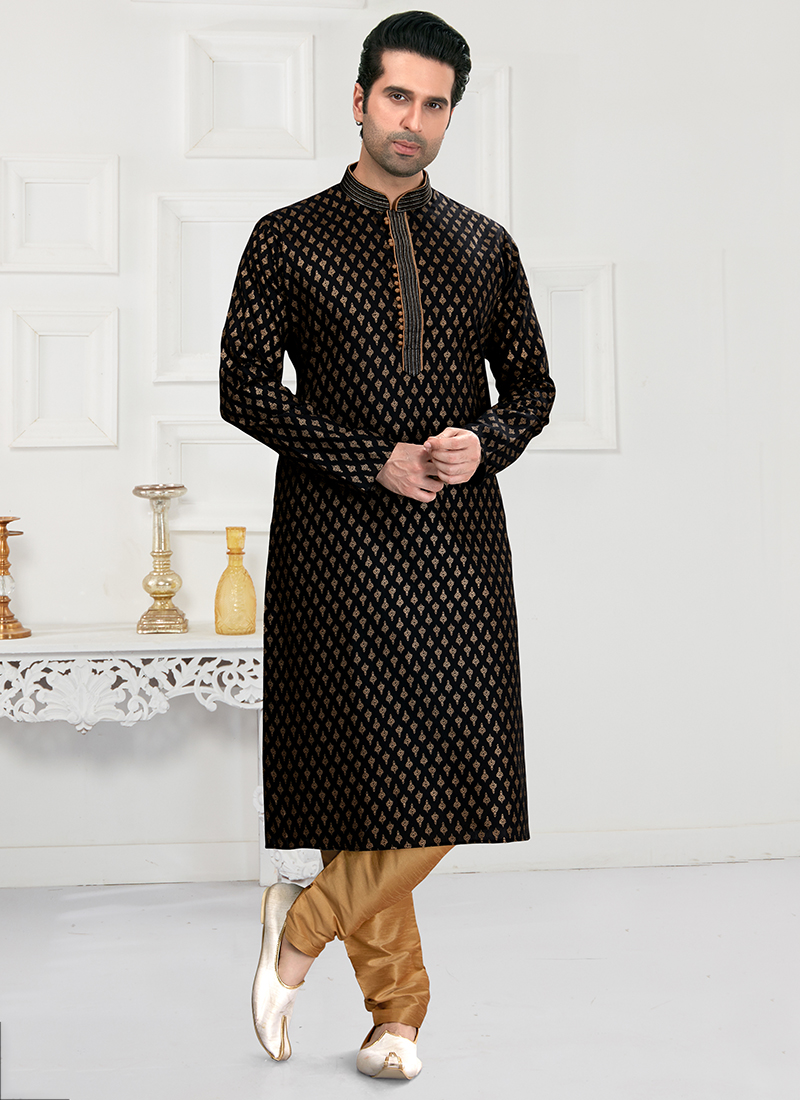 Buy Black Traditional Wear Printed Work Cotton Kurta Pajama Online