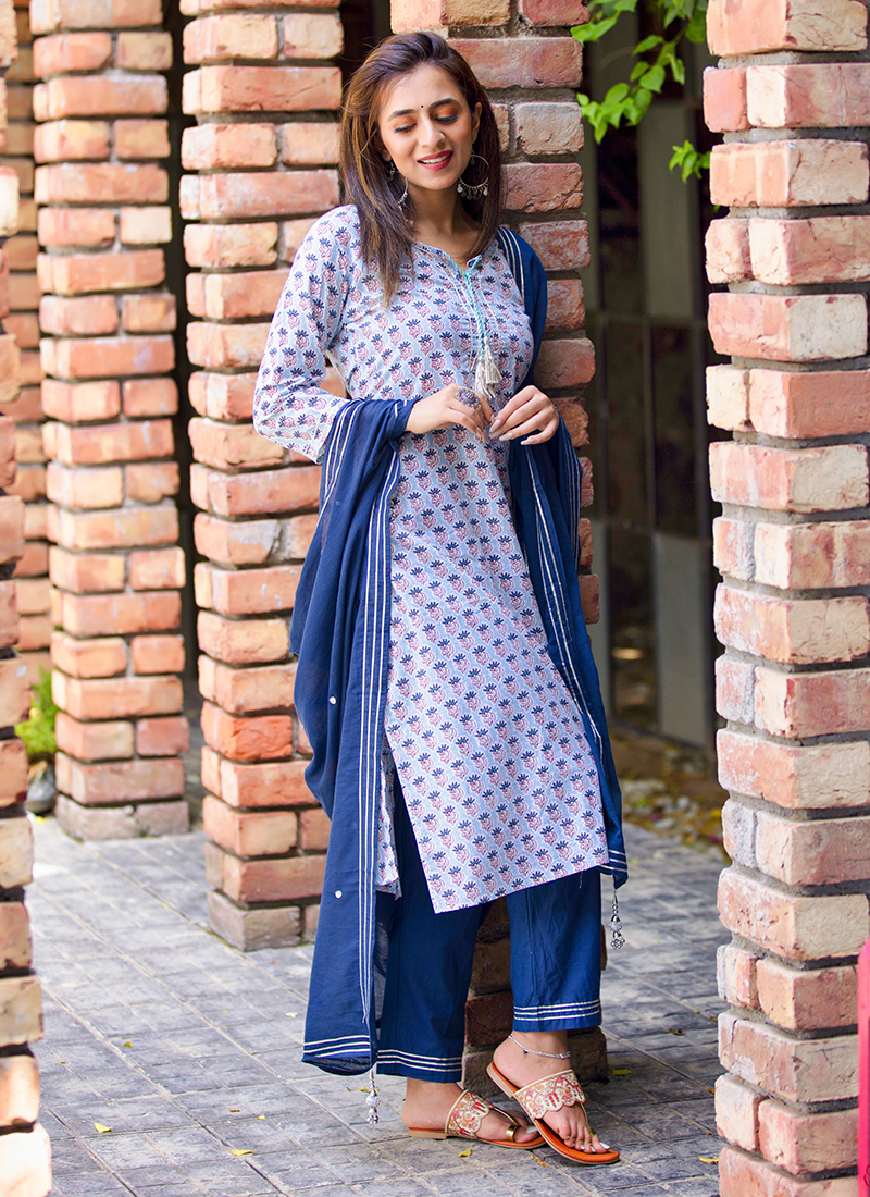 Blue Malmal Cotton Festival Wear Printed Readymade Afghani Salwar