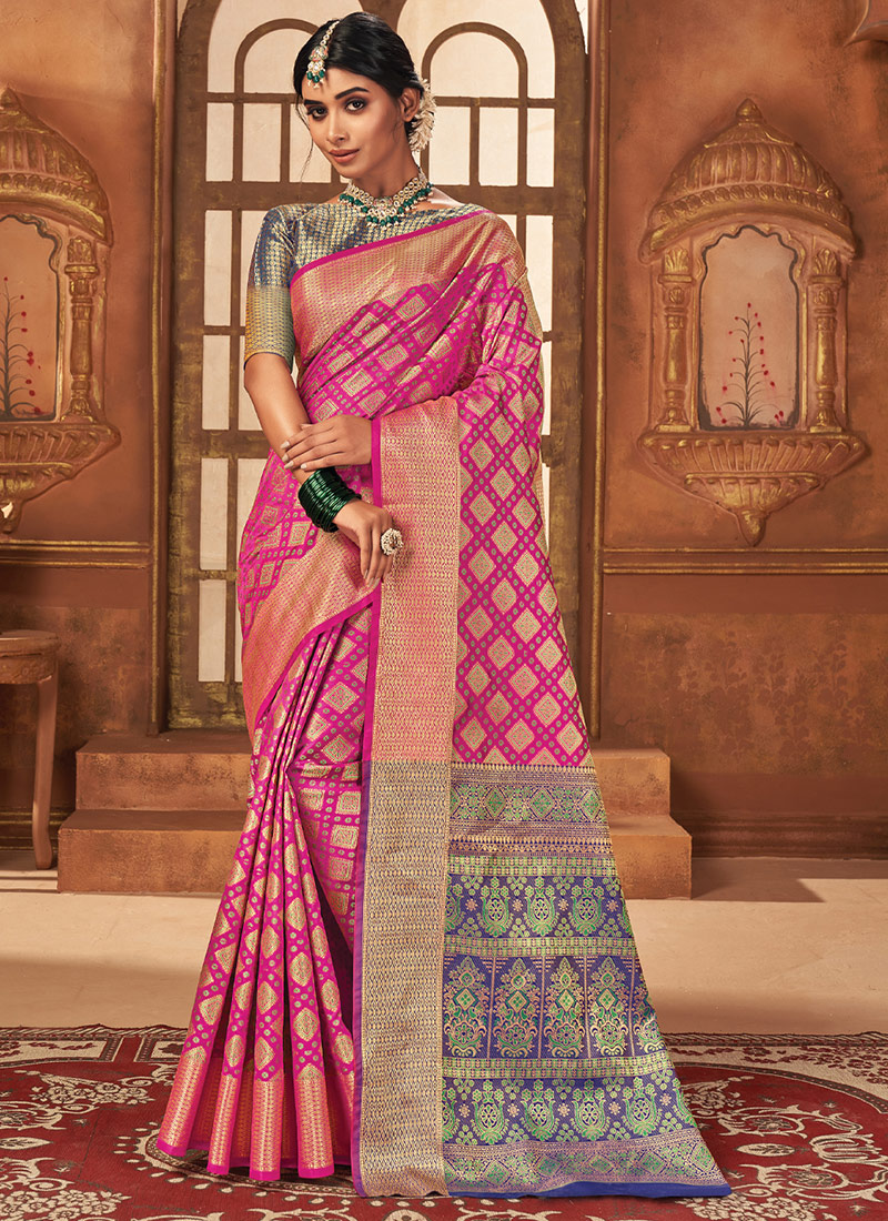 Pinkish Red Saree for Women Inspired Sarees. Patola Party Wear