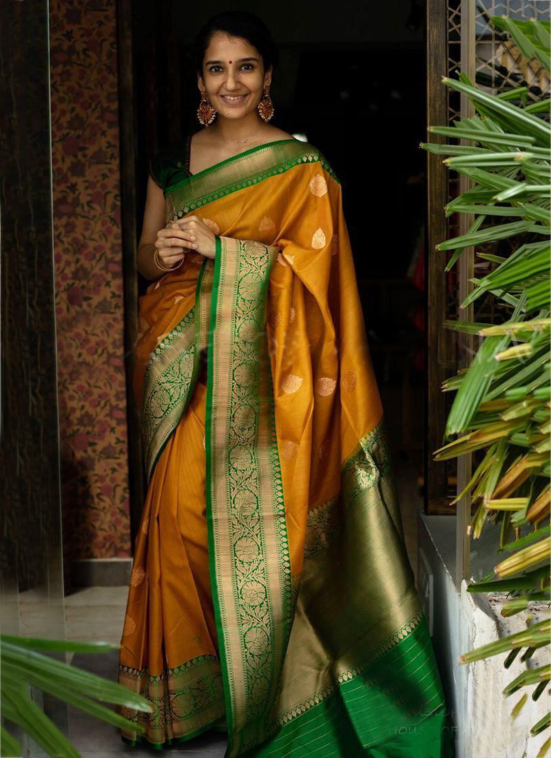 Floral Yellow & Green Woven Linen Silk Saree – Zari Banaras