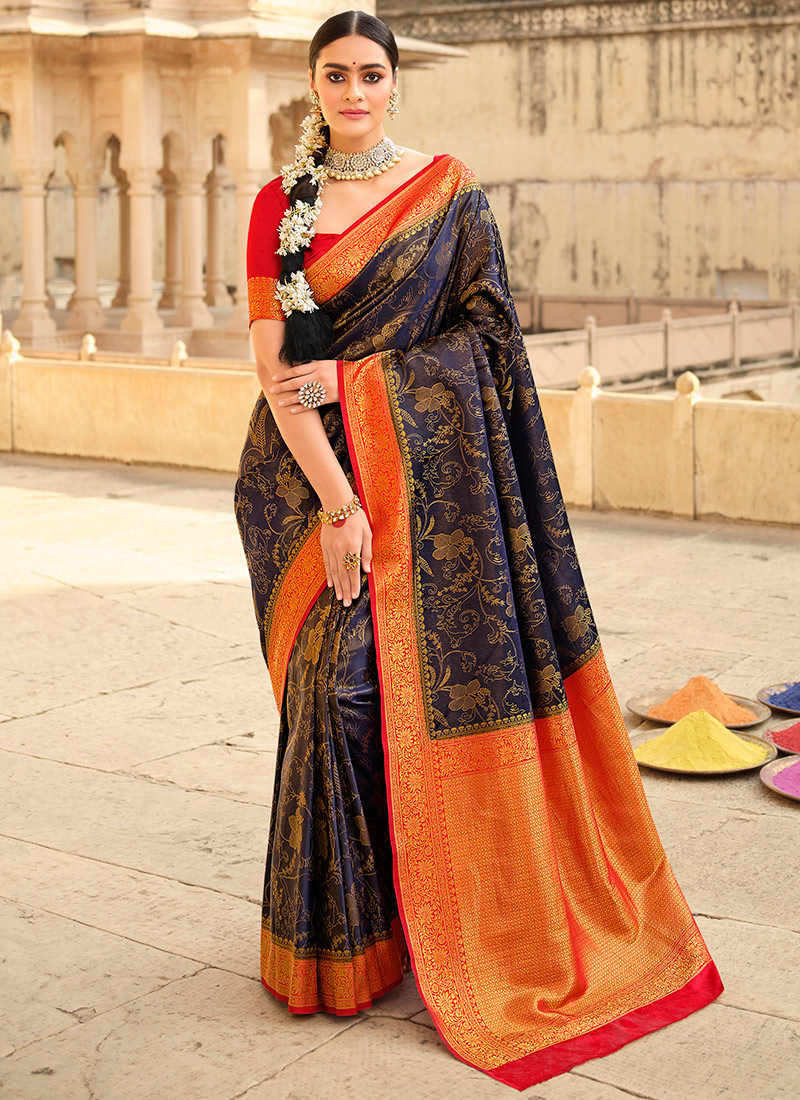 Buy Navy Blue Satin Silk Traditional Wear Weaving Saree Online From ...