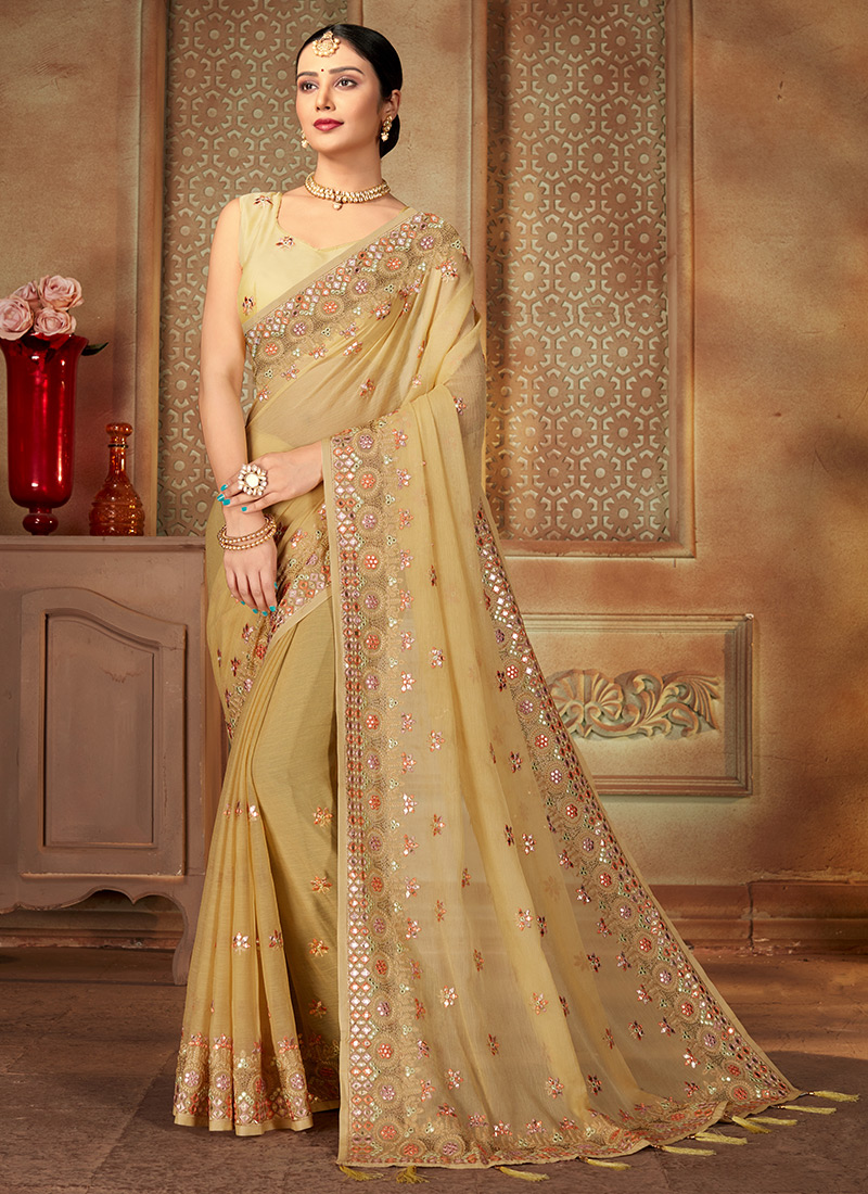 Buy Faux Chiffon Thread Work Peach Classic Saree Online : 94444 -