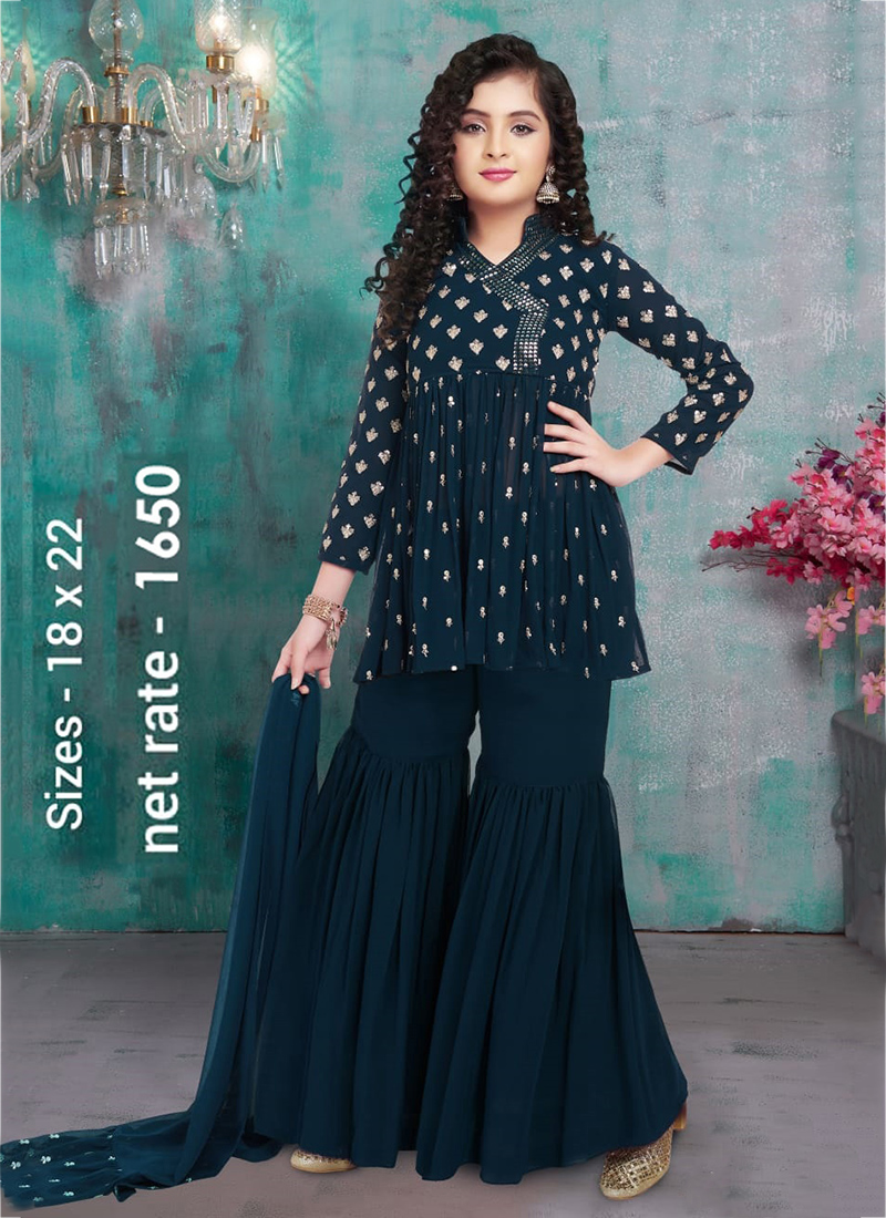 Prussian Blue Georgette Indo Western Sharara Suit with Sequins...