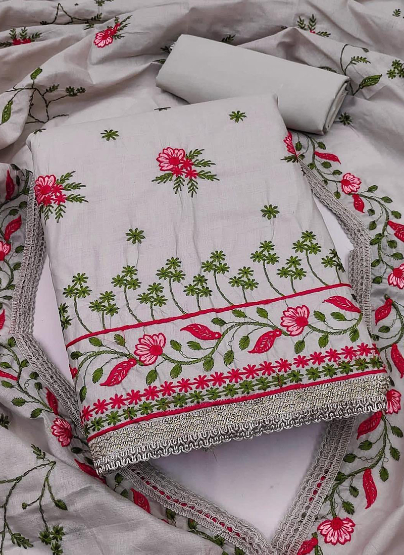Buy Stylee LIFESTYLE Green Cotton Embroidered Dress Material (Set of 3)  online