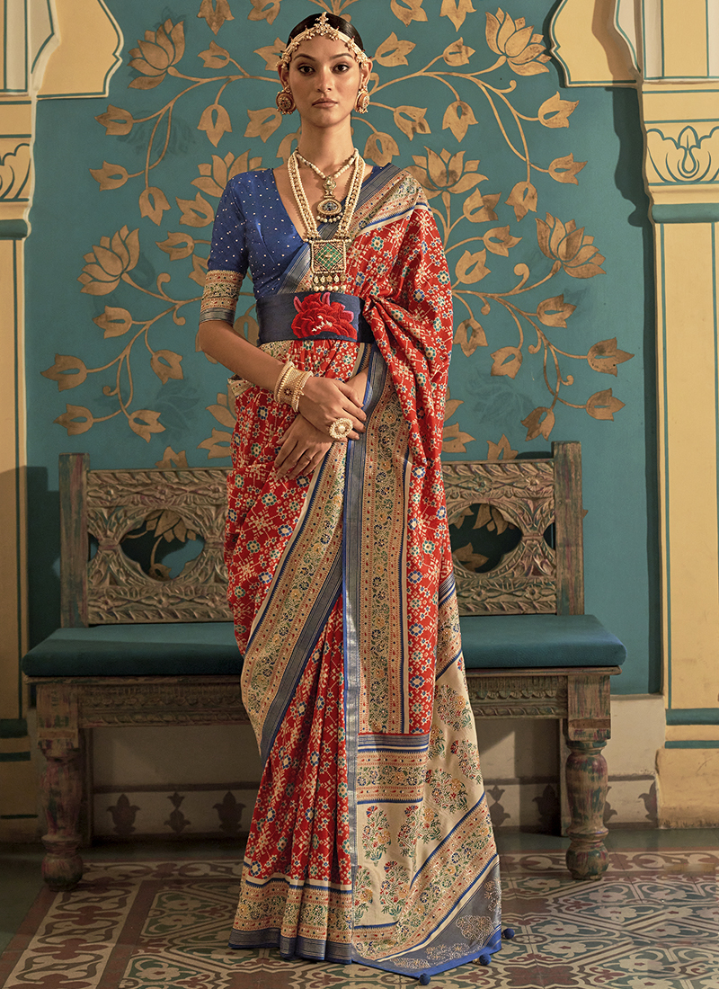 Red Katan Silk Woven Banarasi Silk Saree With Meena Work – BharatSthali