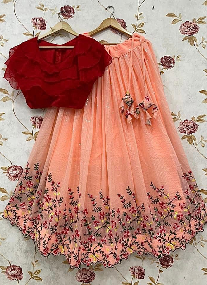 Buy Kinder Kids Peach and Red Sleeveless Embroidered Pleated Top and Lehenga  (Set of 3) online