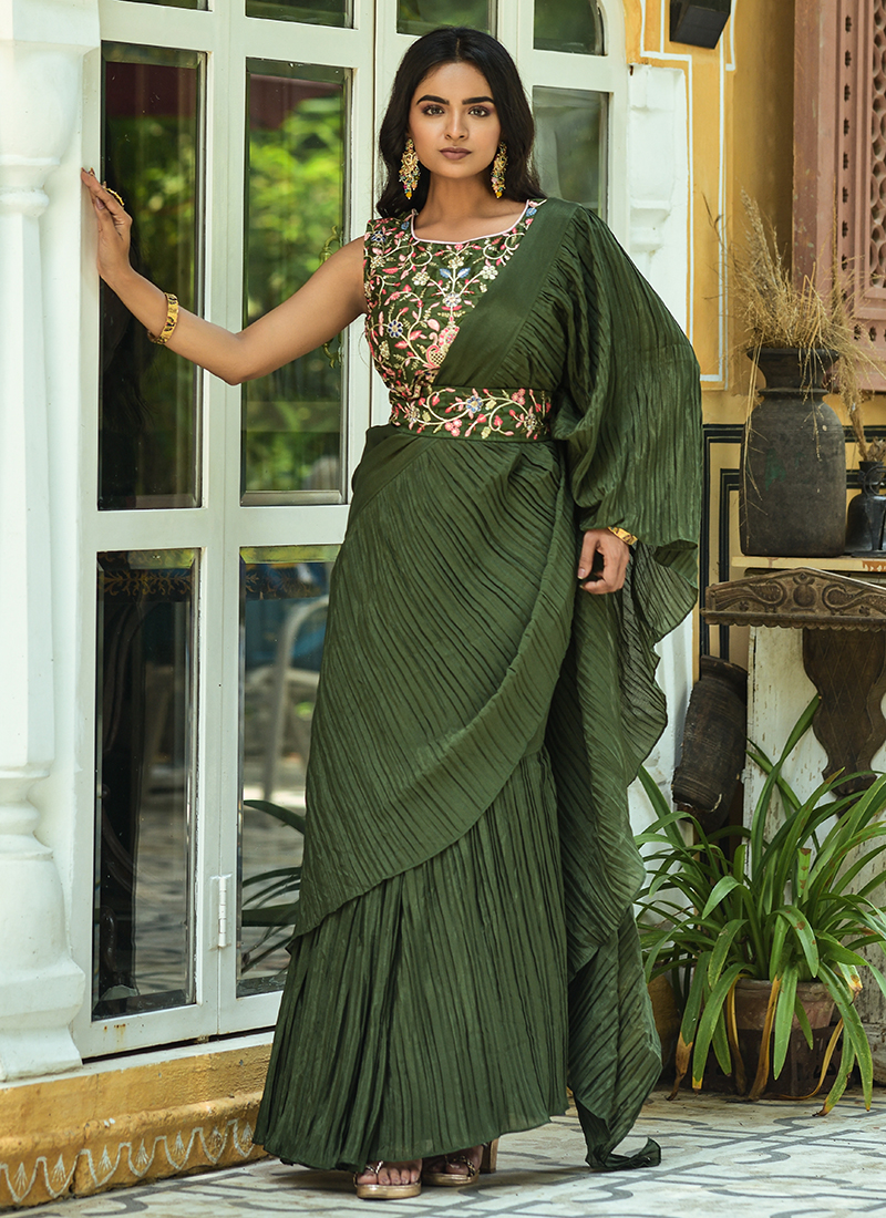 Buy Green Chinnon Party Wear Hand Work Ready To Wear Saree ...