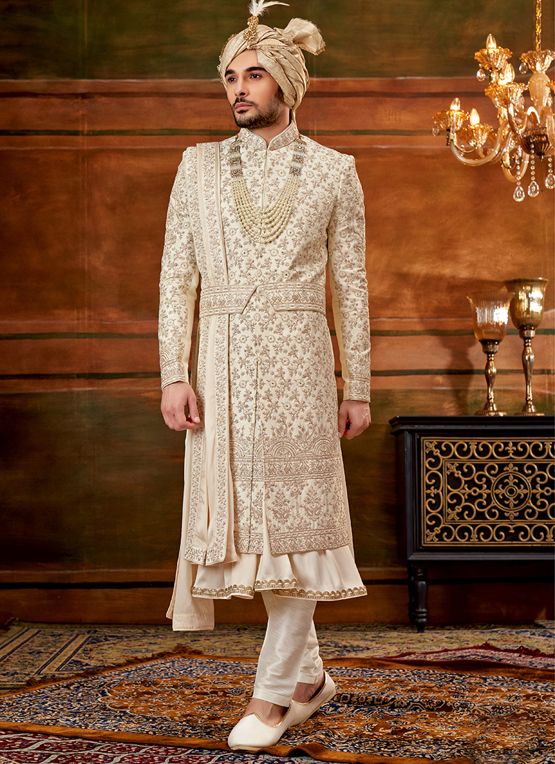 Georgette Peach Wedding Wear Readymade Lovely Heavy Embroidered Groom  Sherwani For Men With Stole