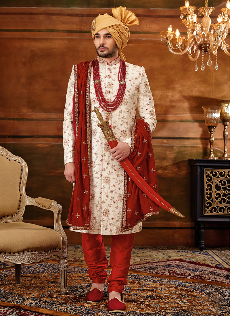 Buy OFF-WHITE Art silk Wedding Wear Embroidery Work Sherwani ...