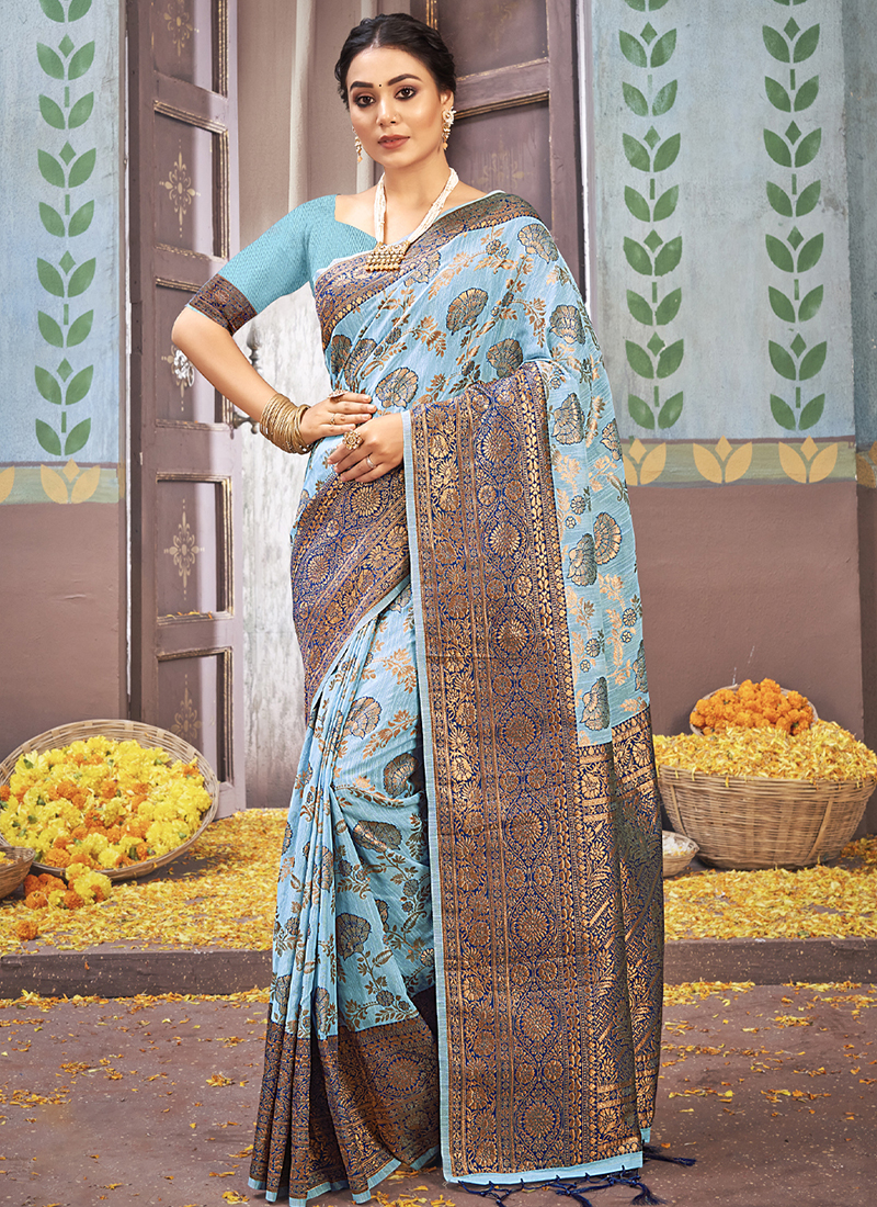 Buy Peacock Blue Swarovski Georgette Designer Saree - Koskii