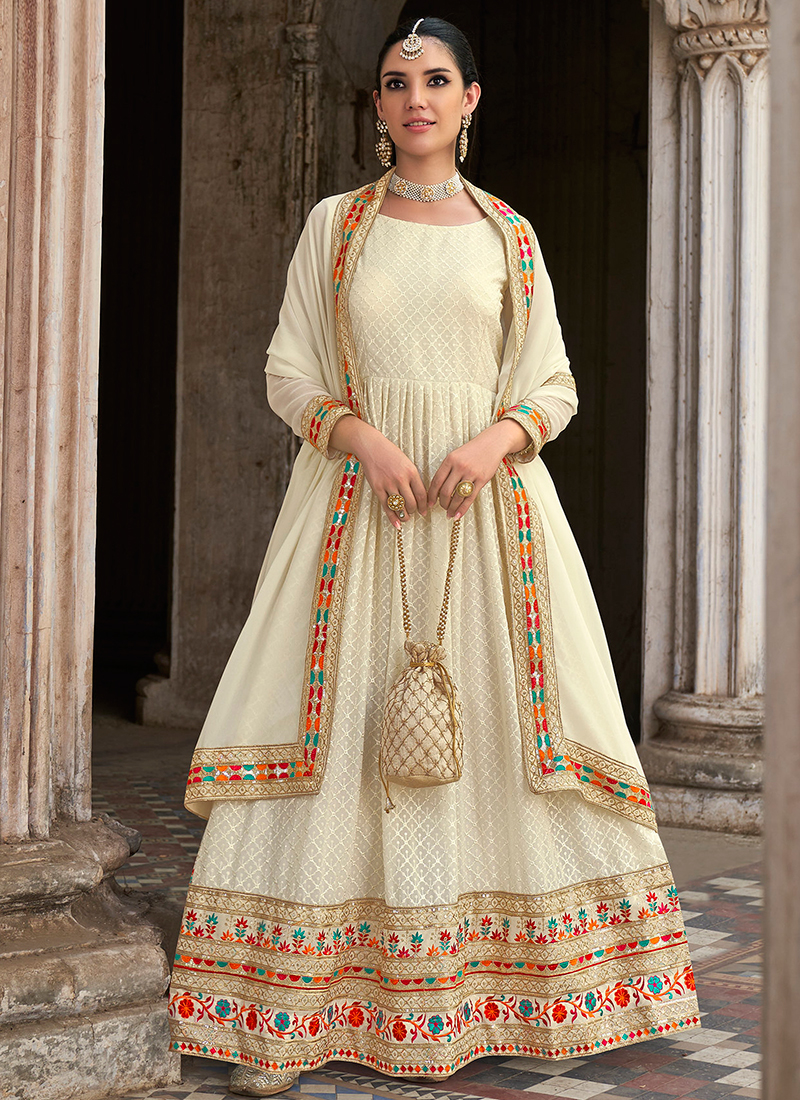 Shop for PREEVIN Off White Thread Embroidered Angrakha Anarkali With  Dupatta for Women Online at Aza Fashions | Angrakha anarkali, White anarkali,  White angrakha