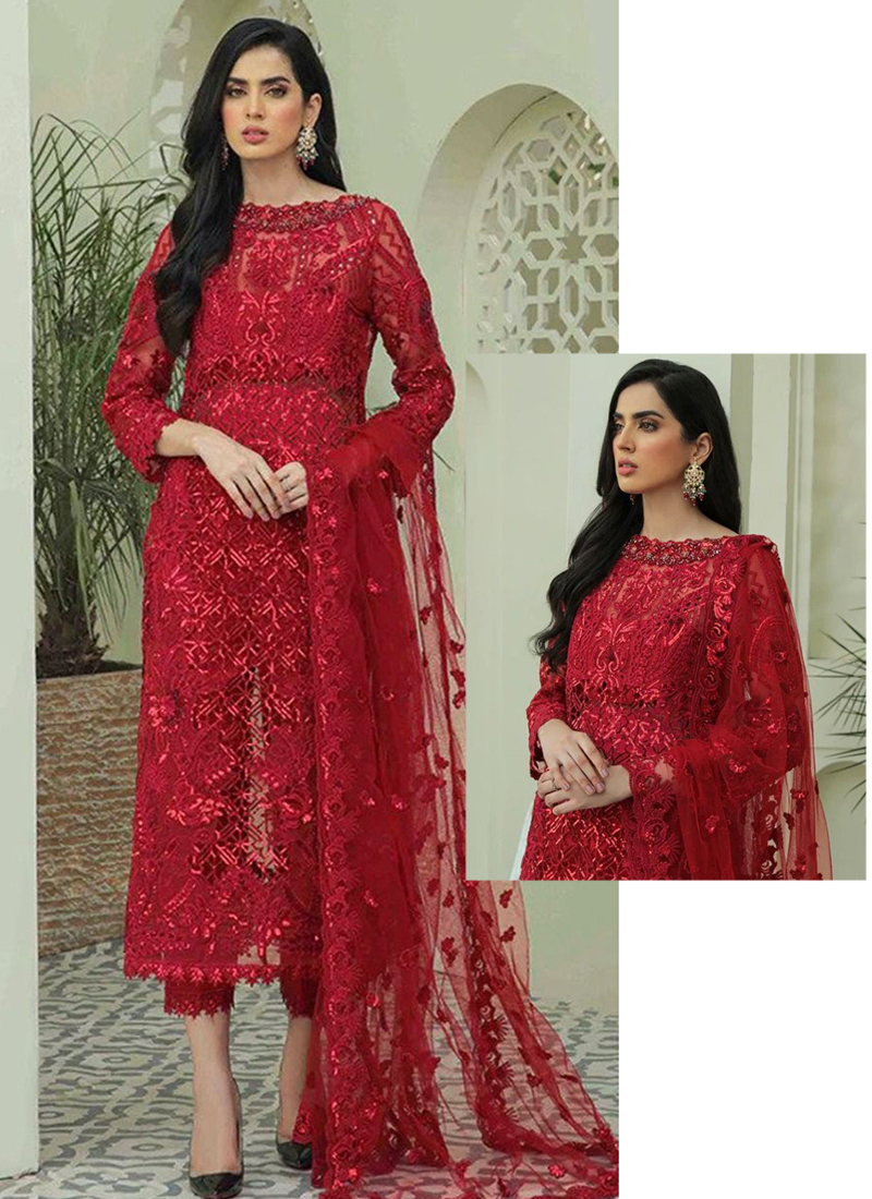 Buy Red Net Party Wear Embroidery Work Pakistani Suit Online ...