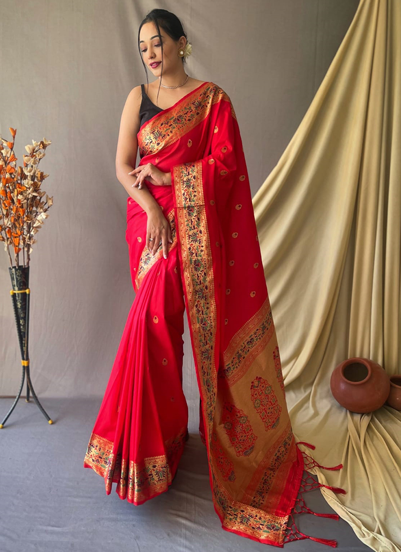 Buy Red Pure Silk Traditional Wear Paithani Saree Online From ...