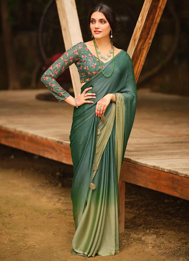 Buy Green Chinnon Satin Traditional Wear Plain Saree Online From ...