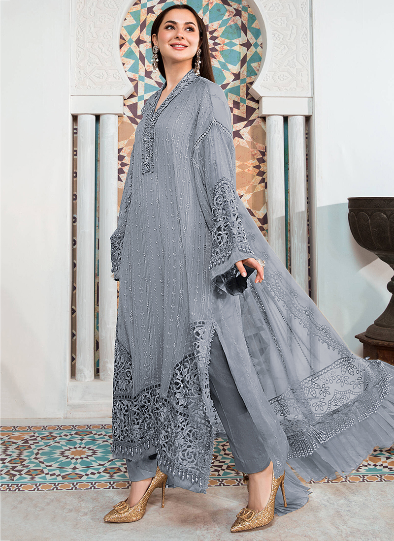 Grey Georgette Traditional Wear Embroidery Work Pakistani Suit