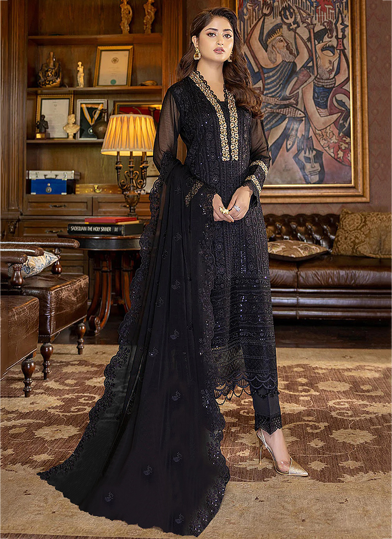 Buy Black Faux Georgette Traditional Wear Embroidery Work Pakistani Suit  Online From Wholesale Salwar.