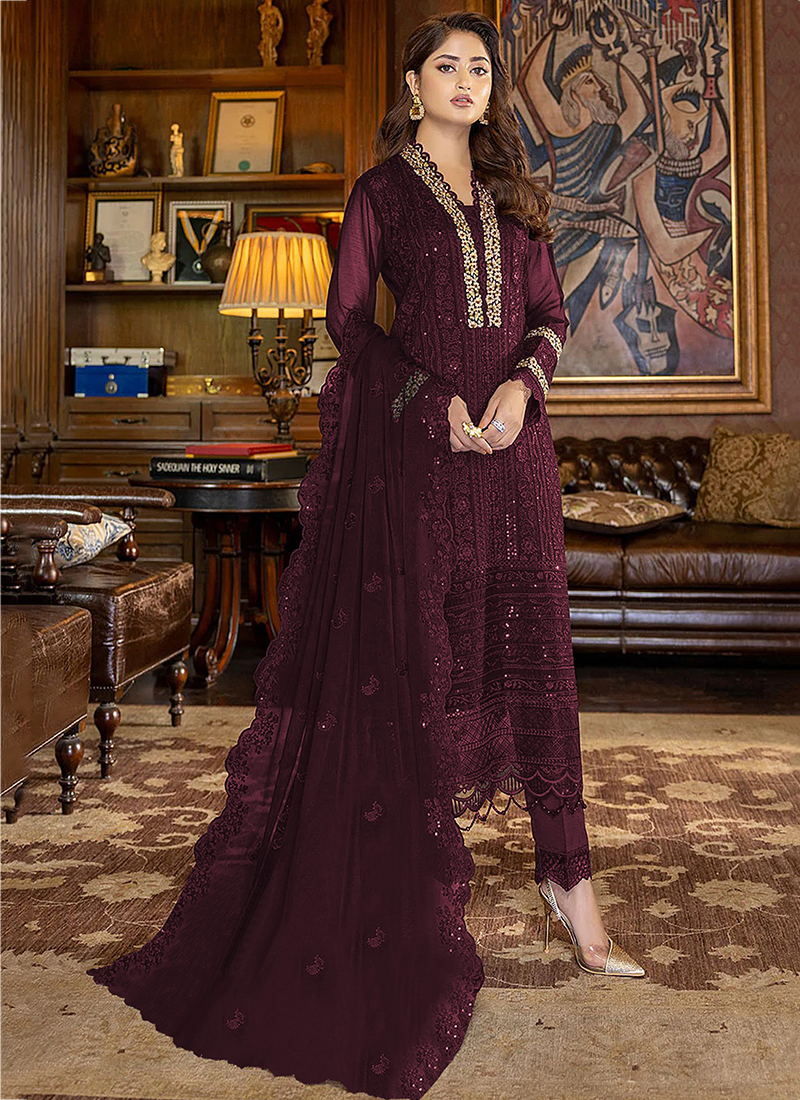 Buy Wine Faux Georgette Traditional Wear Embroidery Work Pakistani